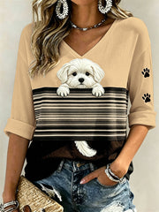 Damen-T-Shirt mit verstecktem Malteser-Hund und Pfotenabdrucken, Color-Block-Print, mittellange Ärmel und V-Ausschnitt