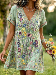 Elegantes Damenkleid aus Baumwolle und Leinen mit Blumenmuster