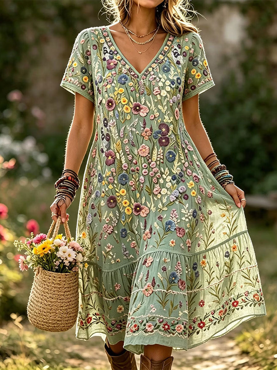 Elegantes Damenkleid aus Baumwolle und Leinen mit Blumenmuster
