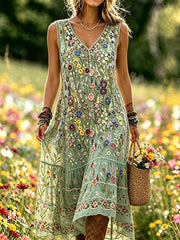 Elegantes Damenkleid aus Baumwolle und Leinen mit Blumenmuster