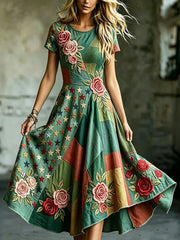 Elegantes Damenkleid aus Baumwolle und Leinen mit Blumenmuster