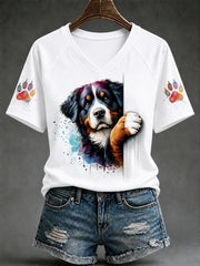 Damen-T-Shirt mit niedlichem Hundeaufdruck – Geschenk für Tierliebhaber, lässig, V-Ausschnitt