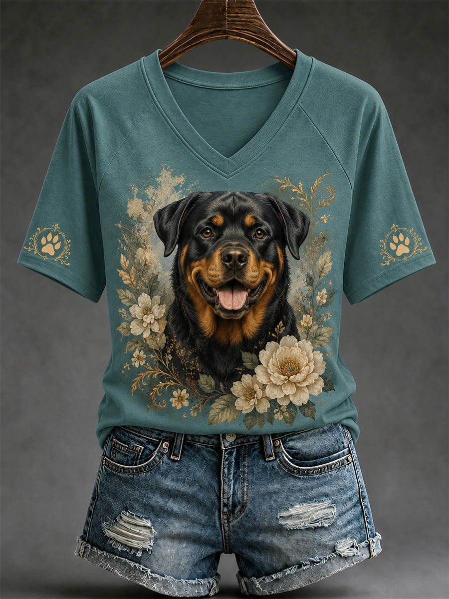 Damen-Retro-T-Shirt mit Hunde-Print und V-Ausschnitt, lässig geschnitten