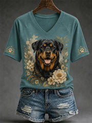 Damen-Retro-T-Shirt mit Hunde-Print und V-Ausschnitt, lässig geschnitten
