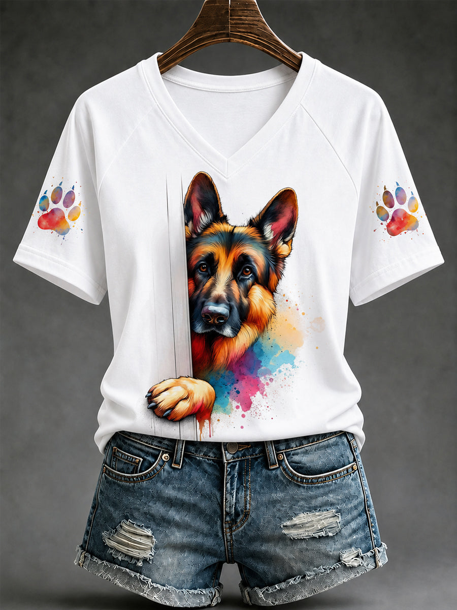 Damen-T-Shirt mit niedlichem Hundeaufdruck – Geschenk für Tierliebhaber, lässig, V-Ausschnitt