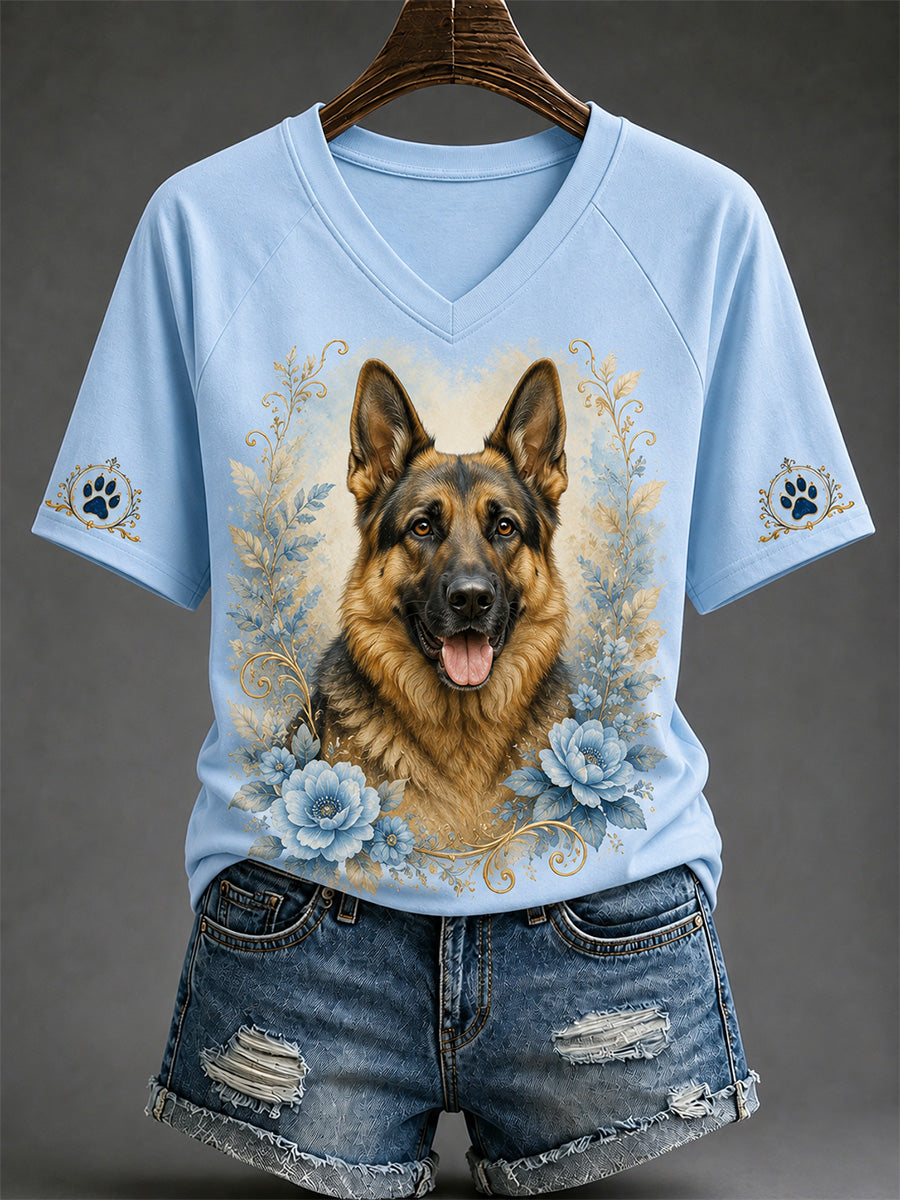 Damen-Retro-T-Shirt mit Hunde-Print und V-Ausschnitt, lässig geschnitten