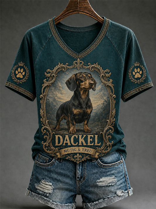 Damen-Retro-T-Shirt mit Hunde-Print und V-Ausschnitt, lässig geschnitten
