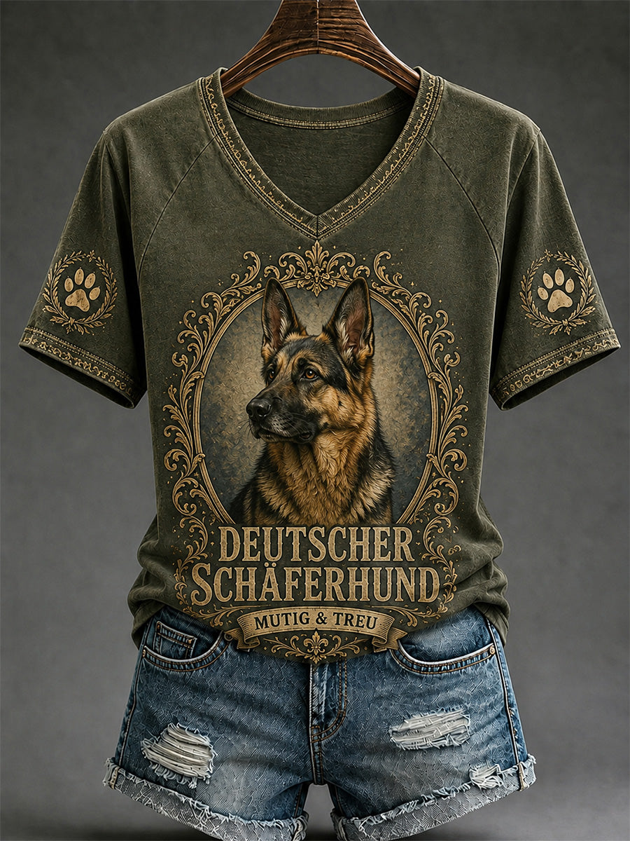 Damen-Retro-T-Shirt mit Hunde-Print und V-Ausschnitt, lässig geschnitten