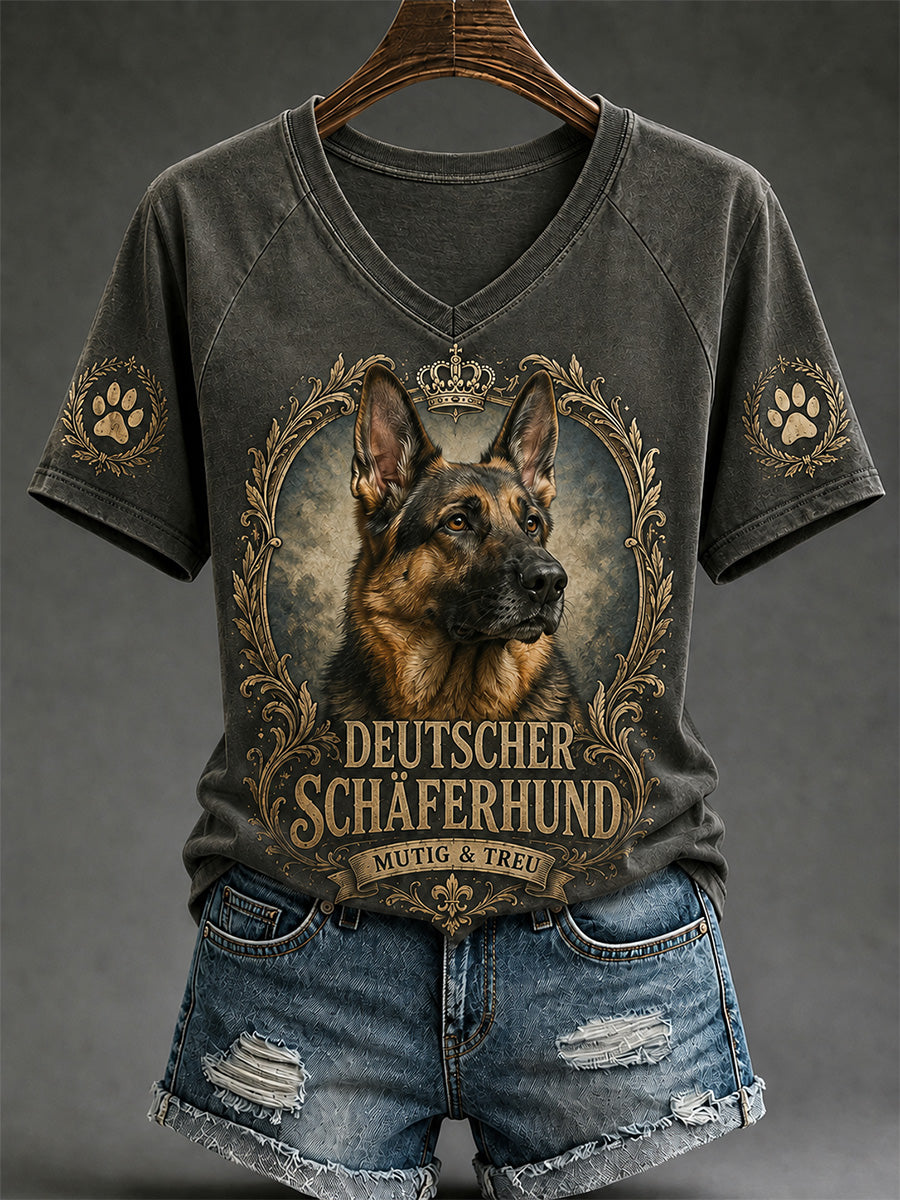 Damen-Retro-T-Shirt mit Hunde-Print und V-Ausschnitt, lässig geschnitten