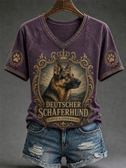 Damen-Retro-T-Shirt mit Hunde-Print und V-Ausschnitt, lässig geschnitten