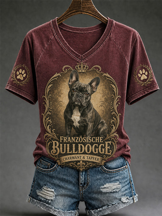 Damen-Retro-T-Shirt mit Hunde-Print und V-Ausschnitt, lässig geschnitten