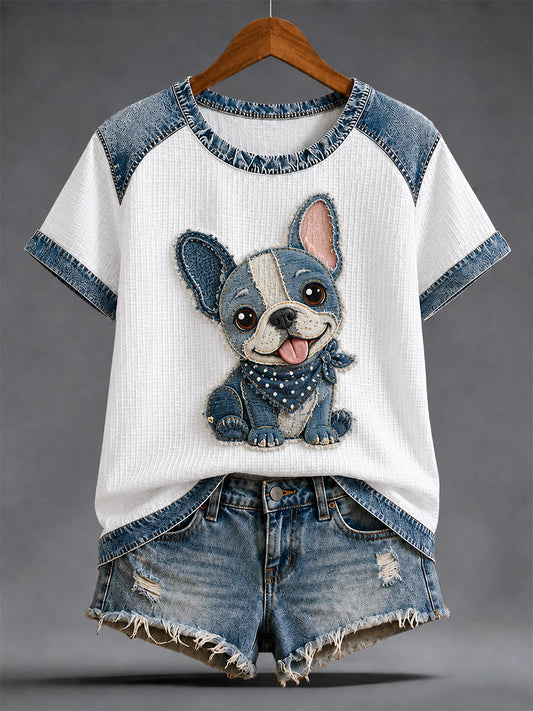 Damen-Denim-Patchwork-T-Shirt mit Hunde-Print und Waffelstruktur, lässig