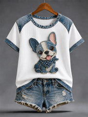Damen-Denim-Patchwork-T-Shirt mit Hunde-Print und Waffelstruktur, lässig