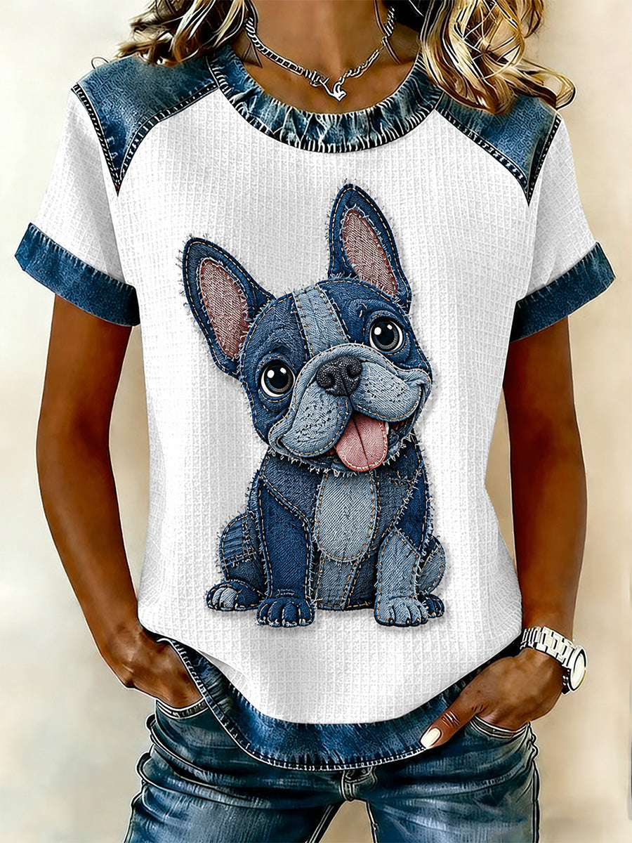 Damen Denim Patchwork Waffel lässiges T-Shirt mit Hunde druck