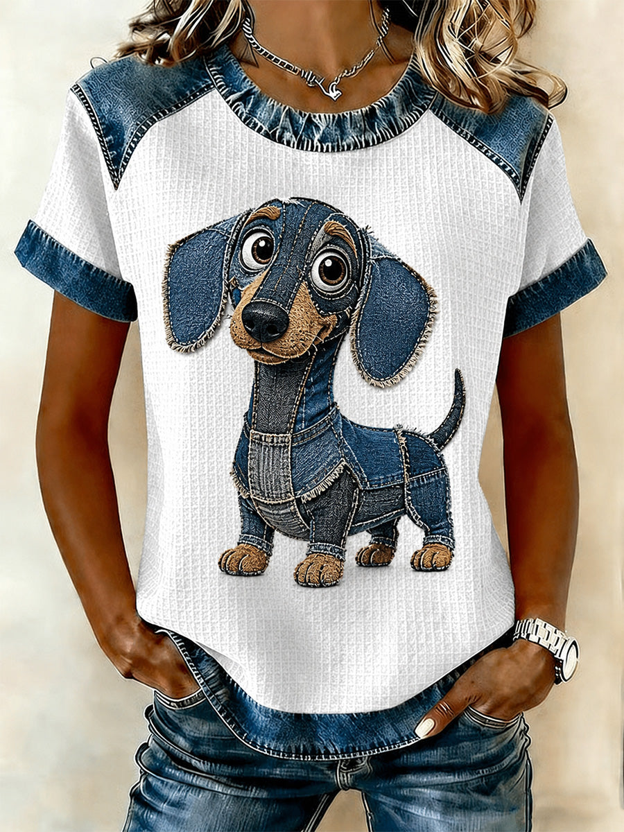 Damen-Denim-Patchwork-T-Shirt mit Hunde-Print und Waffelstruktur, lässig