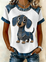 Damen-Denim-Patchwork-T-Shirt mit Hunde-Print und Waffelstruktur, lässig