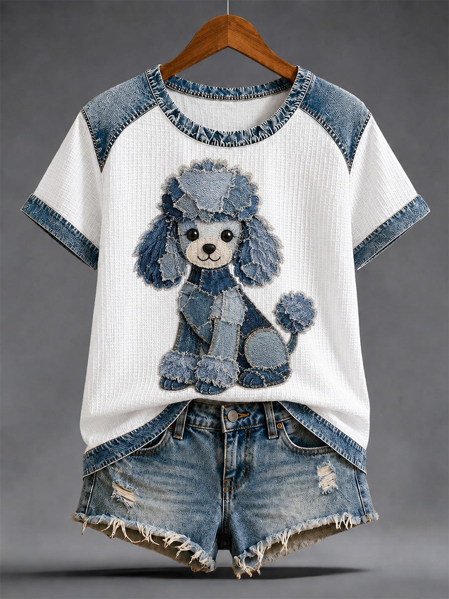 Damen-Denim-Patchwork-T-Shirt mit Hunde-Print und Waffelstruktur, lässig