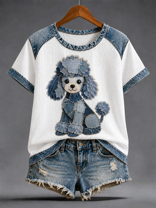 Damen-Denim-Patchwork-T-Shirt mit Hunde-Print und Waffelstruktur, lässig