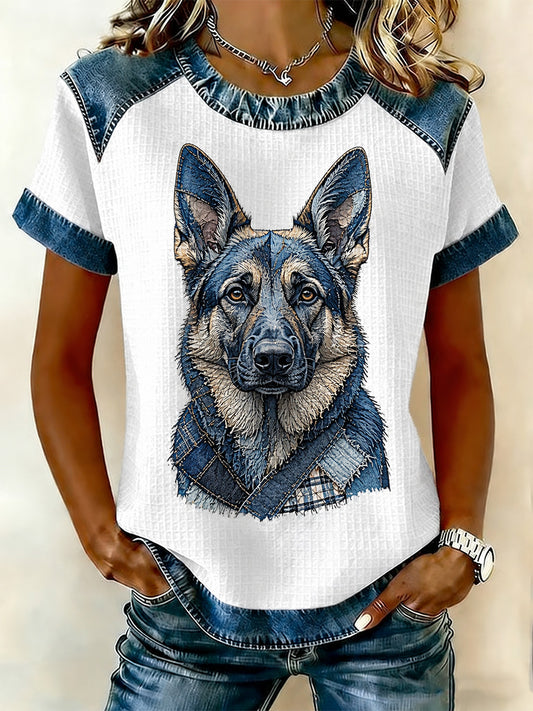 Damen-Denim-Patchwork-T-Shirt mit Hunde-Print und Waffelstruktur, lässig