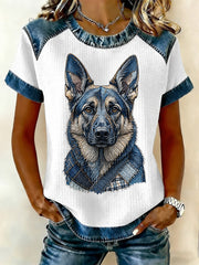 Damen-Denim-Patchwork-T-Shirt mit Hunde-Print und Waffelstruktur, lässig