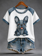 Damen-Denim-Patchwork-T-Shirt mit Hunde-Print und Waffelstruktur, lässig
