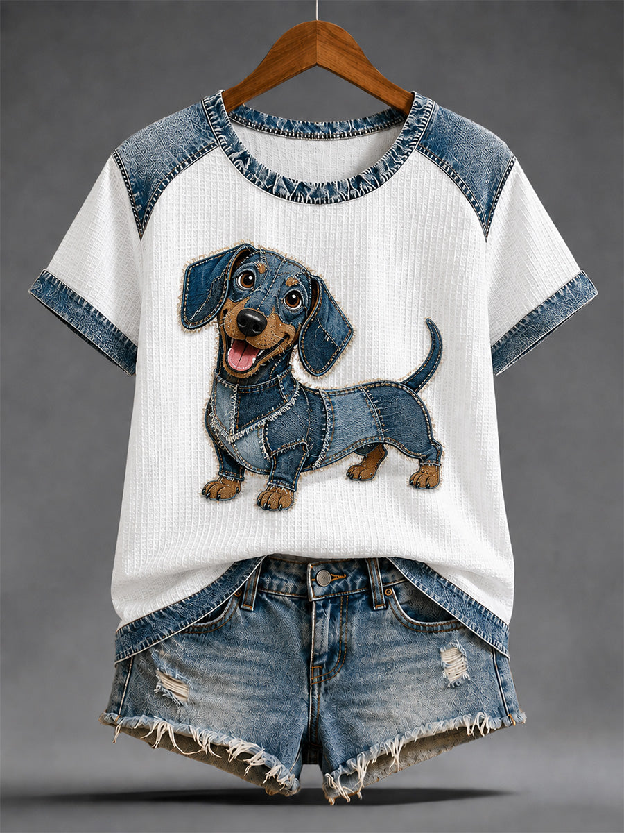 Damen-Denim-Patchwork-T-Shirt mit Hunde-Print und Waffelstruktur, lässig