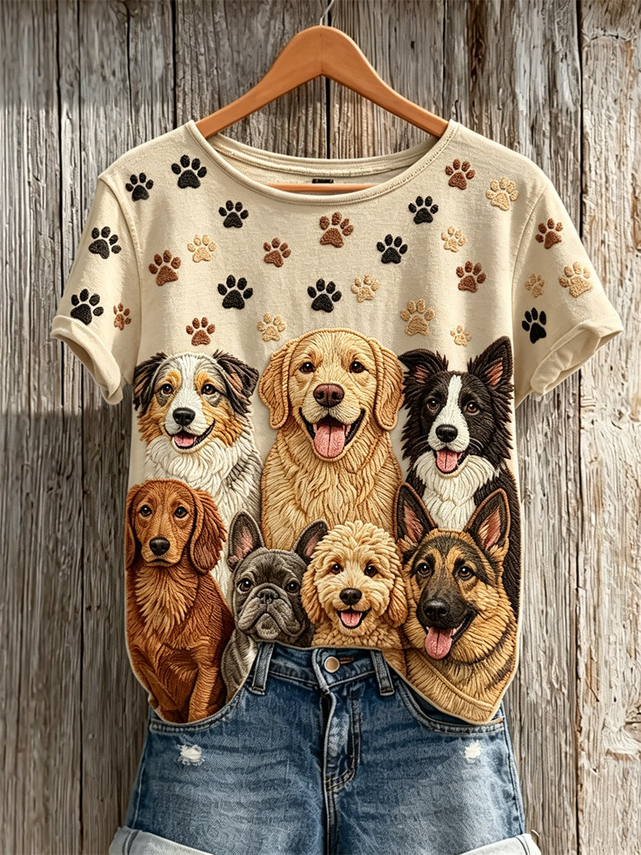 Damen-T-Shirt mit kurzen Ärmeln für Hunde und Pfoten muster