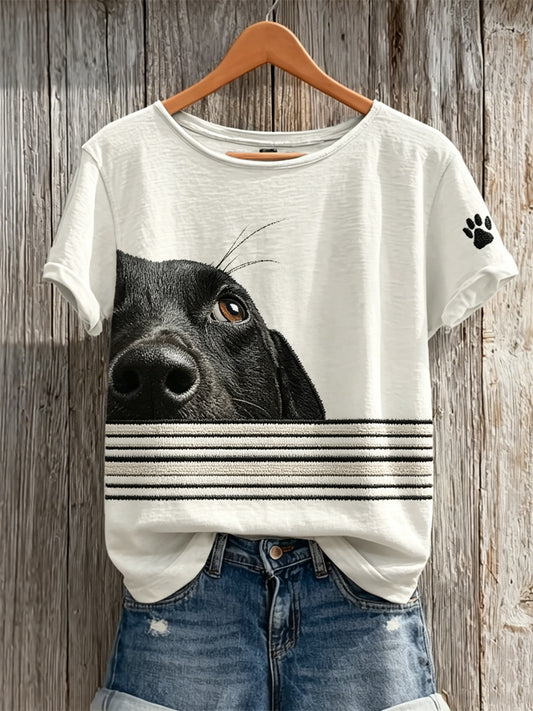Frauen Peeking Dog & Paw Print Gestreiftes Print Kurzarm-T-Shirt