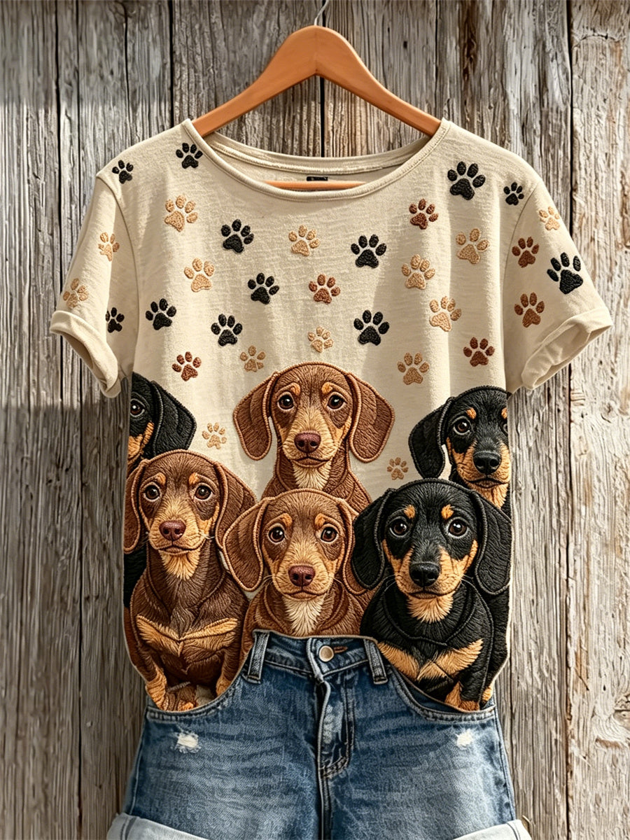 Damen schöne Dackel Hunde & Pfoten Prints Muster Print Kurzarm T-Shirt
