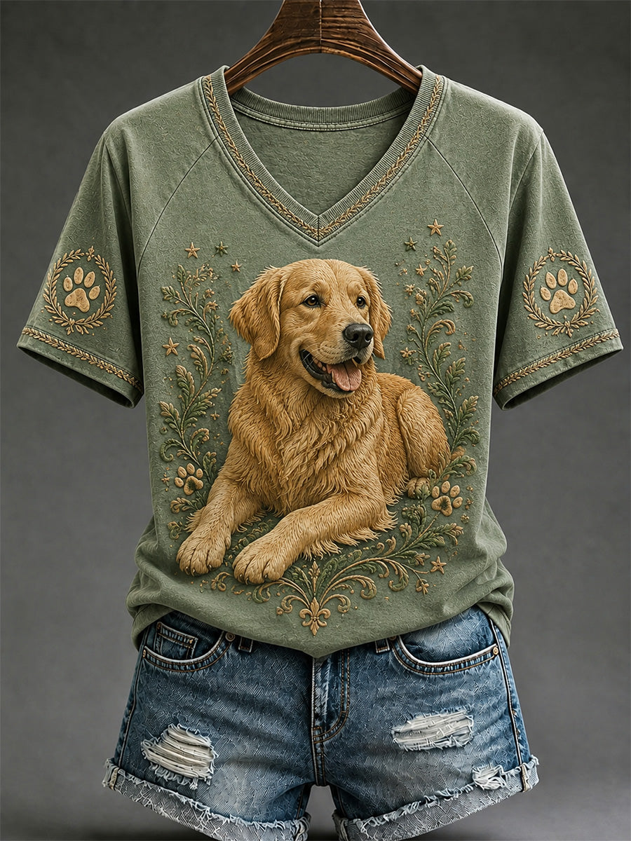 Damen-Retro-T-Shirt mit Hunde-Print und V-Ausschnitt, lässig geschnitten