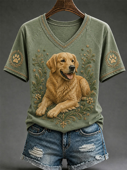 Damen-Retro-T-Shirt mit Hunde-Print und V-Ausschnitt, lässig geschnitten