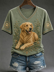 Damen-Retro-T-Shirt mit Hunde-Print und V-Ausschnitt, lässig geschnitten
