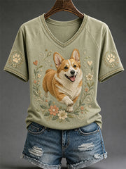 Damen-Retro-T-Shirt mit Hunde-Print und V-Ausschnitt, lässig geschnitten