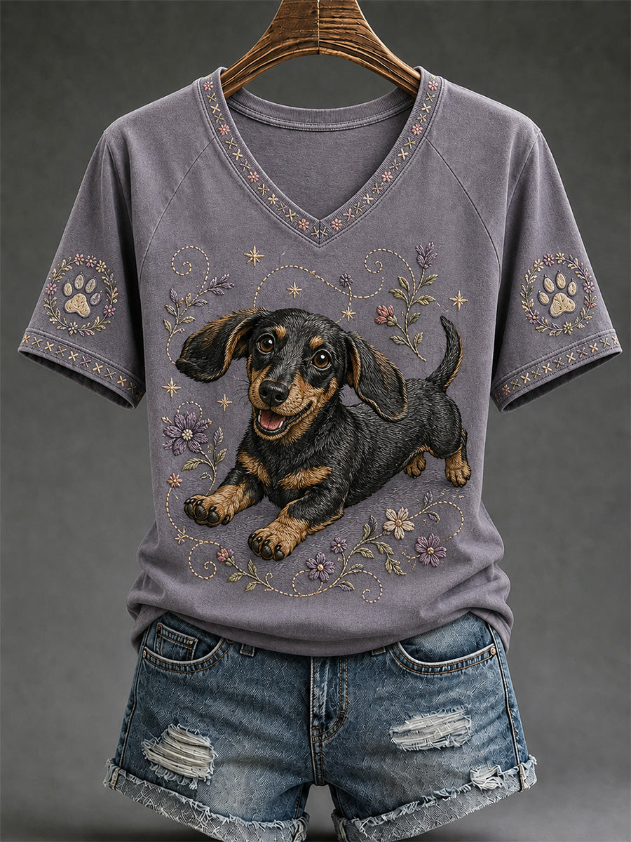 Damen-Retro-T-Shirt mit Hunde-Print und V-Ausschnitt, lässig geschnitten