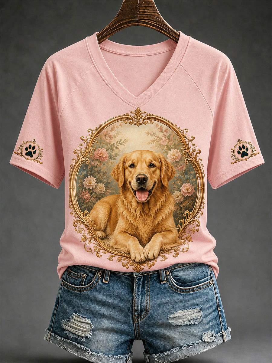 Damen-Retro-T-Shirt mit Hunde-Print und V-Ausschnitt, lässig geschnitten