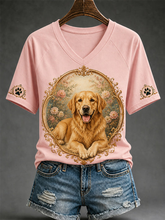 Damen-Retro-T-Shirt mit Hunde-Print und V-Ausschnitt, lässig geschnitten