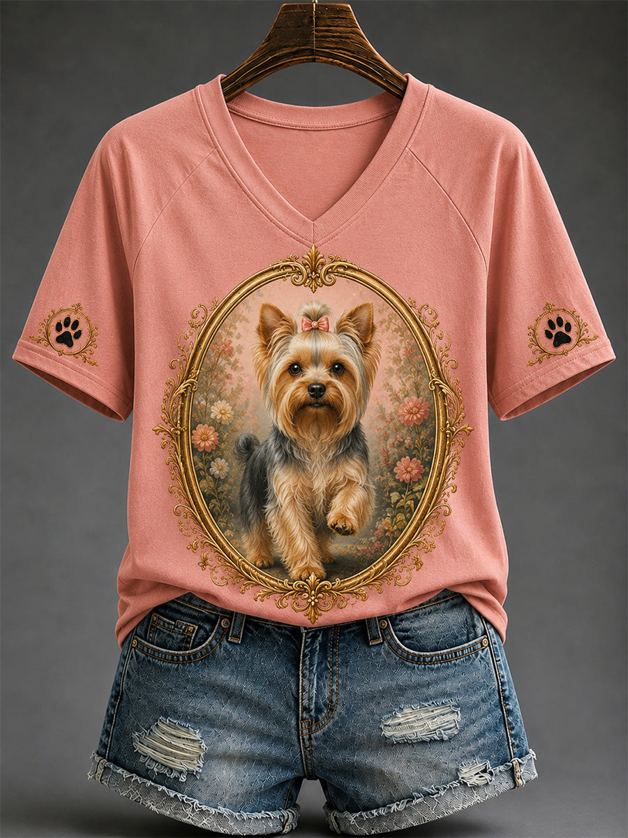 Damen-Retro-T-Shirt mit Hunde-Print und V-Ausschnitt, lässig geschnitten