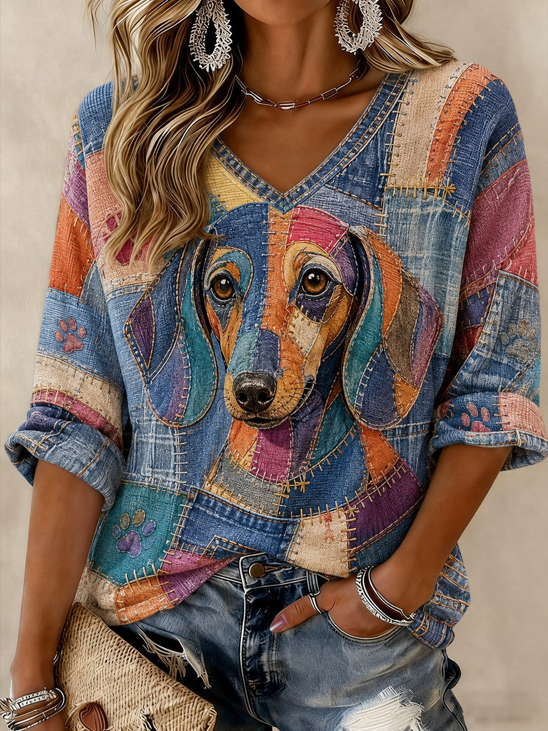 Damen-T-Shirt mit Hunde-Print, mittellange Ärmel und V-Ausschnitt
