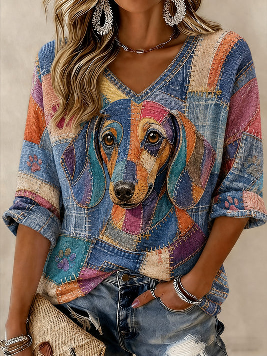 Damen-T-Shirt mit Hunde-Print, mittellange Ärmel und V-Ausschnitt