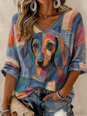 Damen-T-Shirt mit Hunde-Print, mittellange Ärmel und V-Ausschnitt