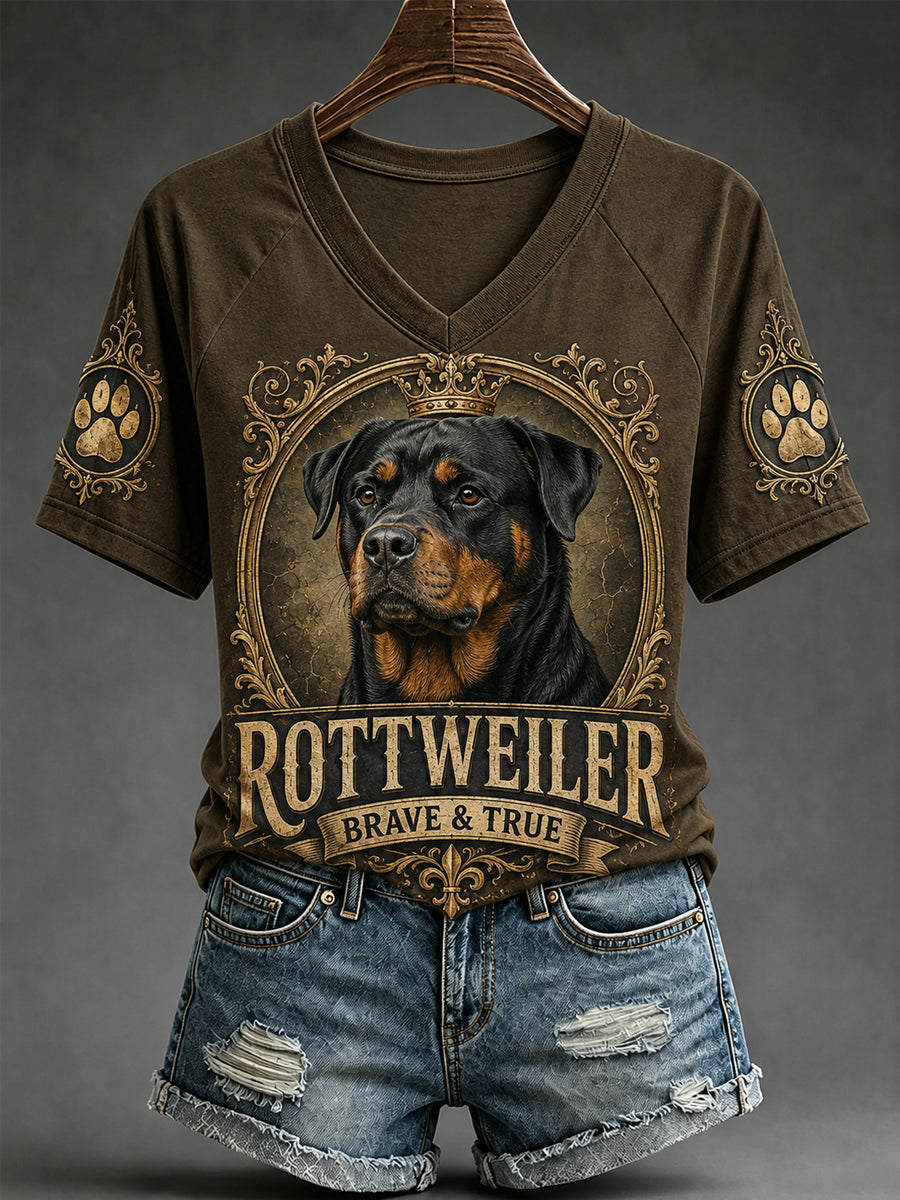 Damen-Retro-T-Shirt mit Hunde-Print und V-Ausschnitt, lässig geschnitten