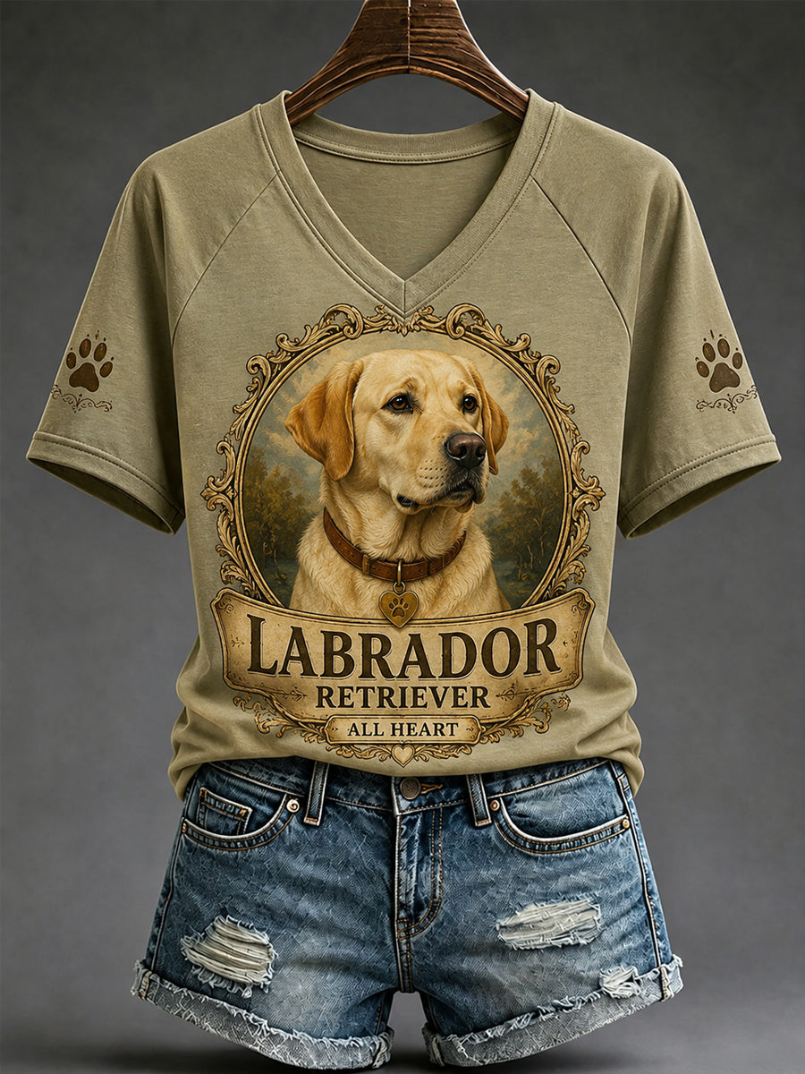 Damen-Retro-T-Shirt mit Hunde-Print und V-Ausschnitt, lässig geschnitten