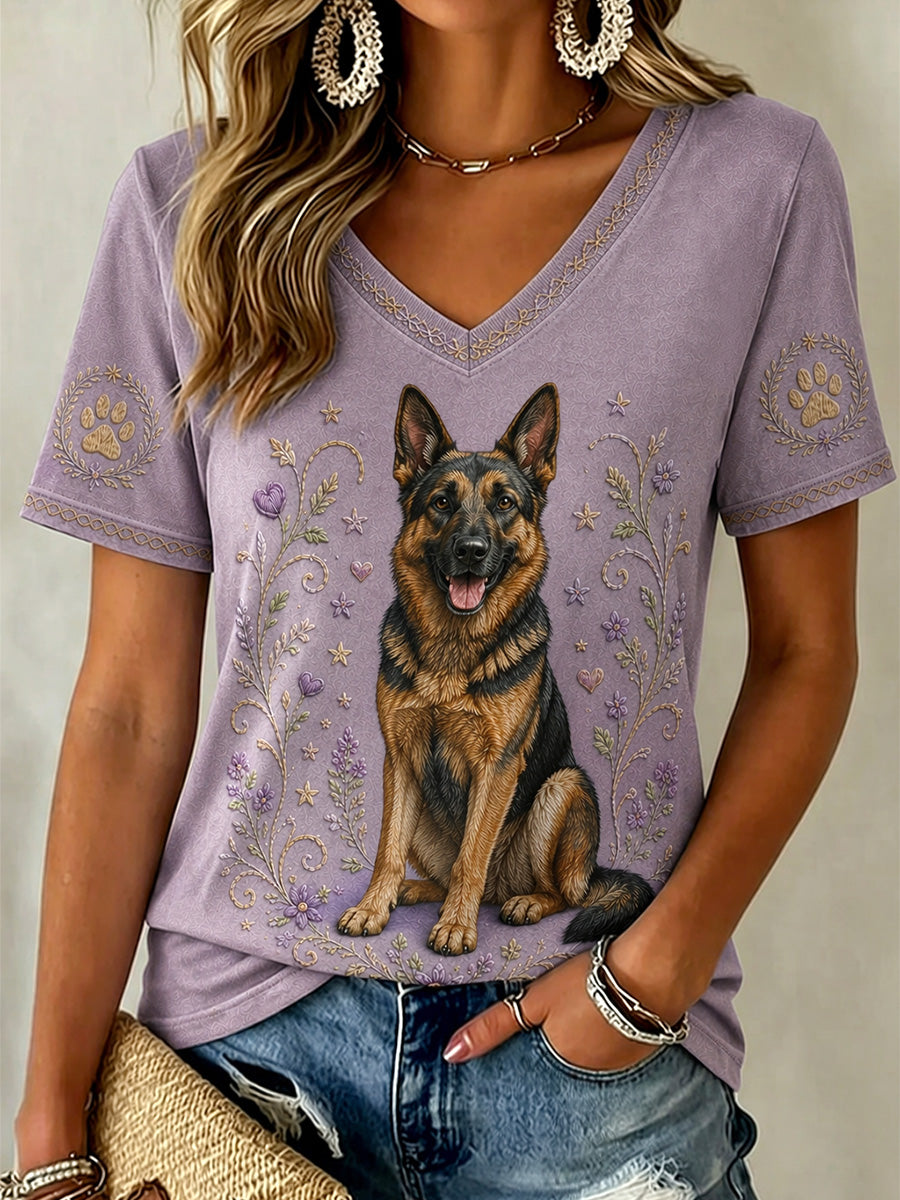 Damen-Retro-T-Shirt mit Blumen- und Hunde-Print, lässig, V-Ausschnitt