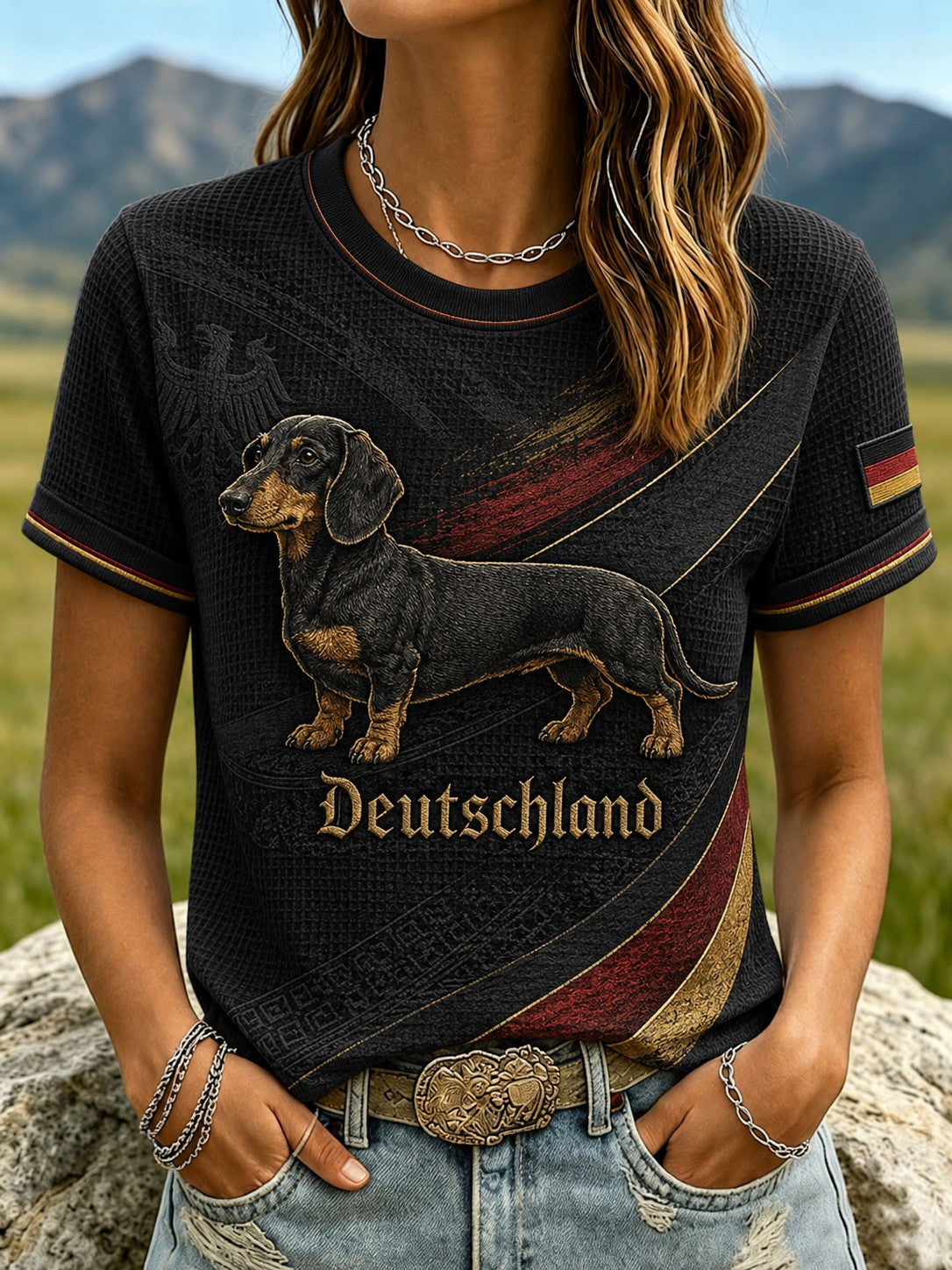 Damen-T-Shirt mit Dackel-Print aus Waffelstoff, kurzärmelig