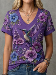 Damen-T-Shirt mit violetter Blumen- und Kolibri-Print-Aufschrift zur Sensibilisierung für Alzheimer, V-Ausschnitt