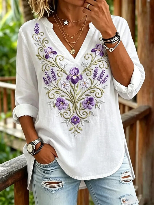 Damen-Top mit violetter Blumen- und Alzheimer-Aufklärungs-Print-Optik, V-Ausschnitt