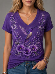 Damen-T-Shirt mit violetter Blumen- und Kolibri-Print-Aufschrift zur Sensibilisierung für Alzheimer, V-Ausschnitt