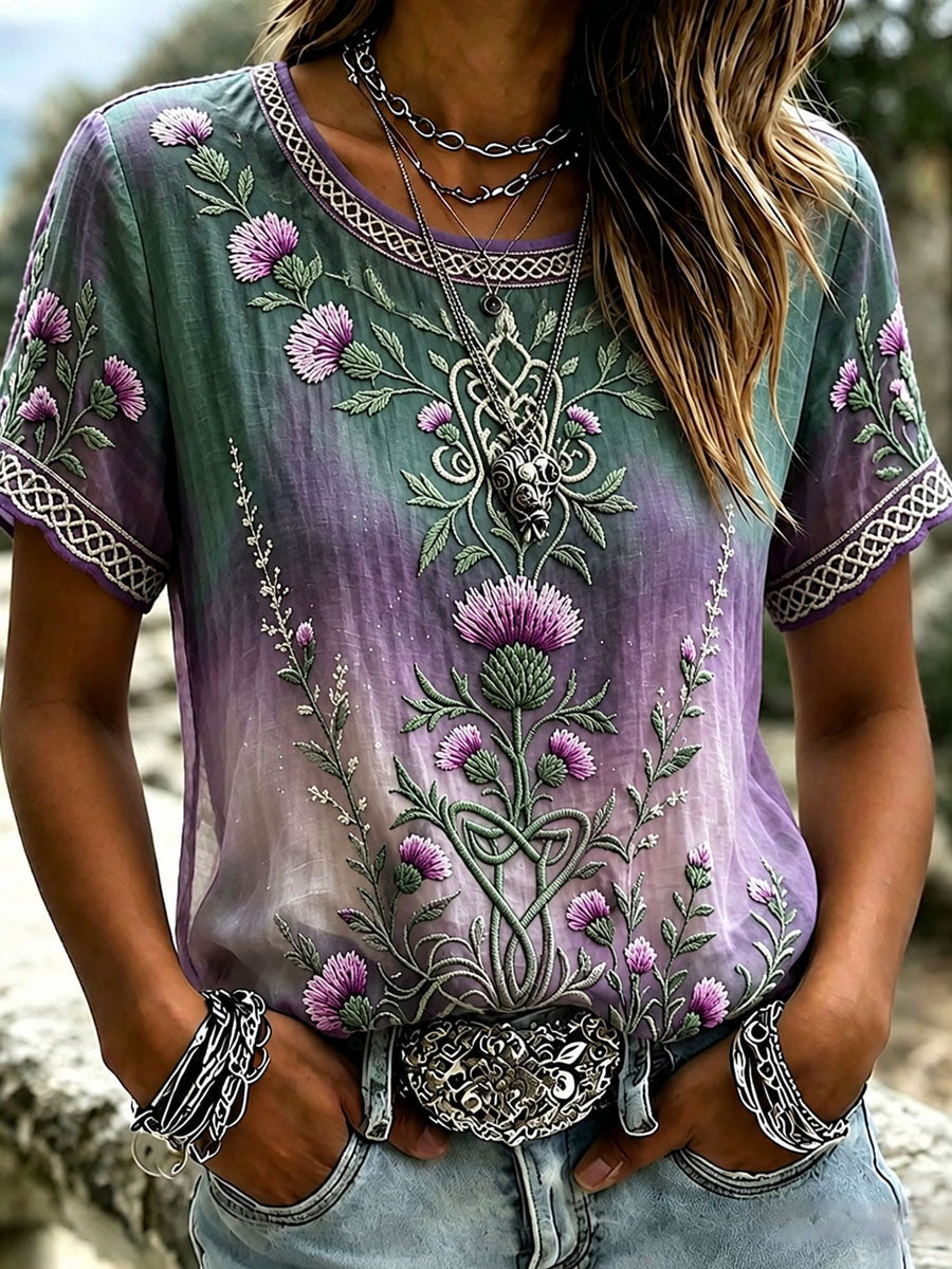 Damen Vintage Celtic Scottish Distel Edles Print Leinen Kurzarm T-Shirt