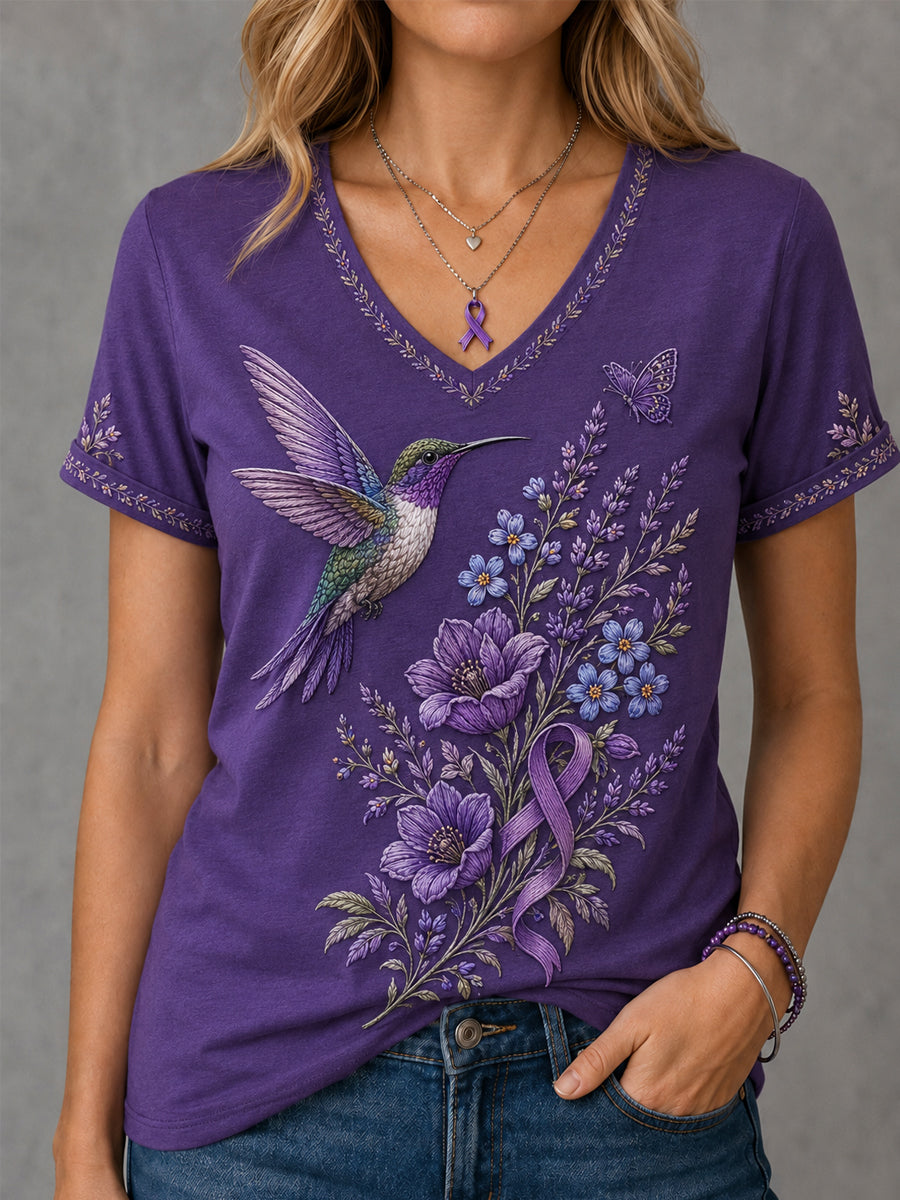 Damen-T-Shirt mit violetter Blumen- und Kolibri-Print-Aufschrift zur Sensibilisierung für Alzheimer, V-Ausschnitt