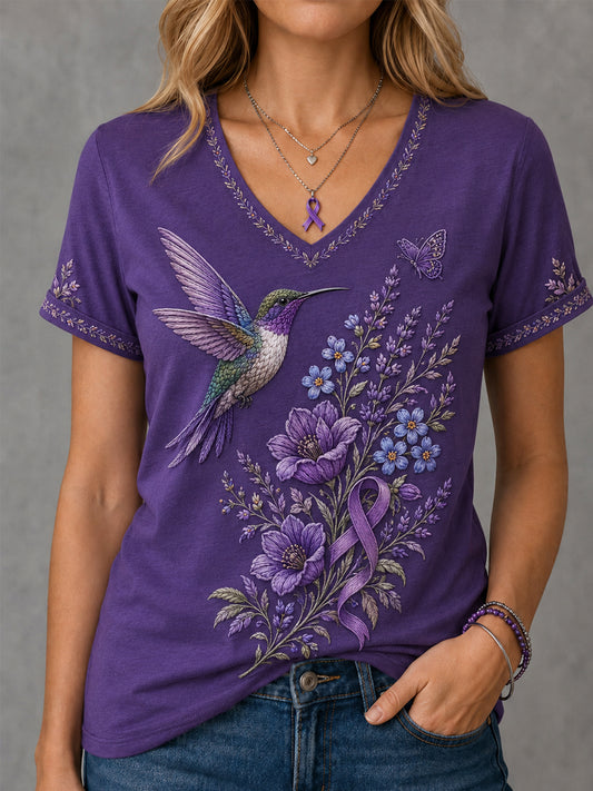 Damen-T-Shirt mit violetter Blumen- und Kolibri-Print-Aufschrift zur Sensibilisierung für Alzheimer, V-Ausschnitt